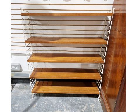 1960's/'70's String teak five shelf unit, supported by white metal laddered sides, (unstable, needs support), 98 x 80 x 20cm