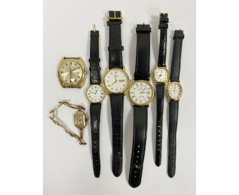 Gentlemen's&nbsp;Rotary wristwatch&nbsp;on black leather strap, a Pulsar wristwatch, a Lorus wristwatch, a Timex watch (missi