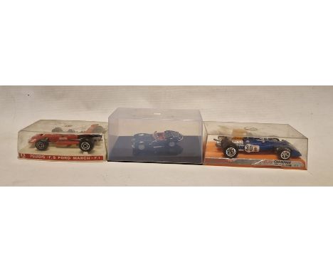 Three cased diecast model cars to include Autoart Jaguar XKSS, Mattel Mebetoys 6674 Grand Prix Tyrell - Ford - F.1 and Polito