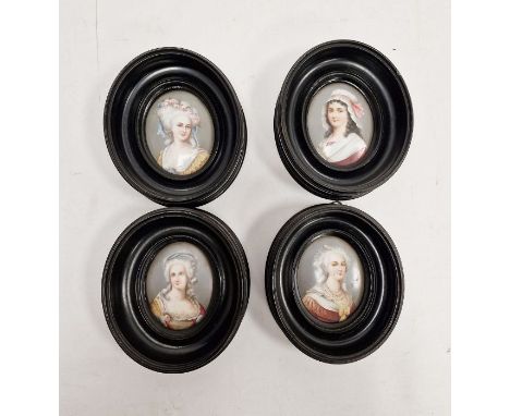 Four Continental porcelain Berlin style oval portrait plaques, each printed and painted with an 18th century style beauty, wi