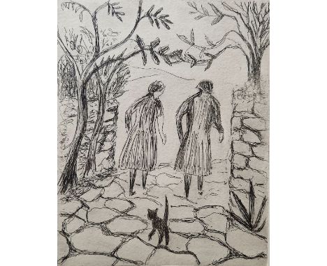Yvonne Skargon Woodcut Geese in a woodland surround, vine border 12 x 8.75 cms, withI. CheddEtchingno 1 /10, showing Two figu