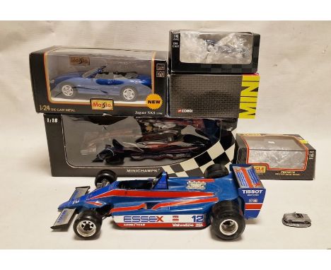 Burago scale model racing car, Minichamps scale model Maclaren racing car, boxed, Maisto scale model Jaguar XK8 racing car an