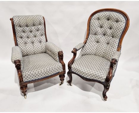 Victorian mahogany button-back armchair with carved lion mask to arm rests, on castors, a Victorian mahogany button-back nurs