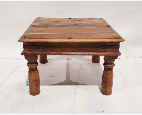 Modern Eastern hardwood square side table together with a vintage pine two tier coffee table on bun feet (2)