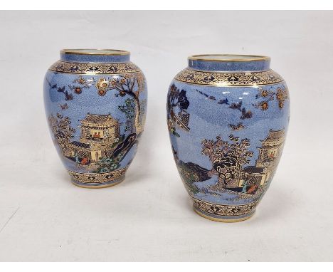 Pair of Adderley &amp; Co. Art Deco Mandarin pattern pewter blue ground oviform vases, printed blue marks, impressed No.1/3S,