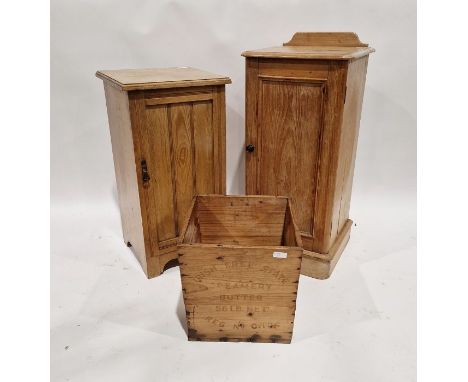 Pine pot cupboard, 37.5cm,&nbsp;a light oak pot cupboard, 36.5cm and a wooden crate 'Irish Freestate Creamery Butter, 56lb.ne