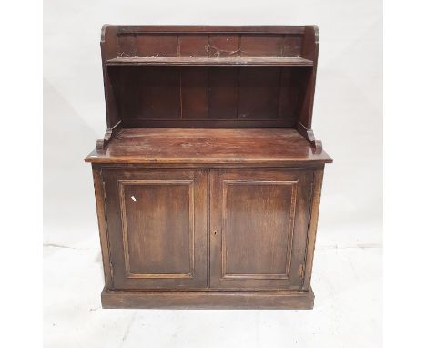 20th century oak kitchen dresser with galleried shelf above two panelled cupboard doors, on plinth base, 125.5cm high x 99cm 