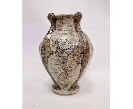 Salt glazed stoneware Aquatic pattern vase, attributed to Martin Brothers, circa 1890, incised with grotesque fish, alternati