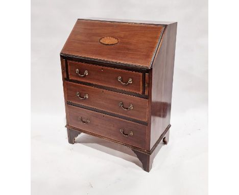 Edwardian mahogany inlaid bureau, the fall front enclosing drawers and pigeonholes, on three long drawers, bracket feet, 71.5