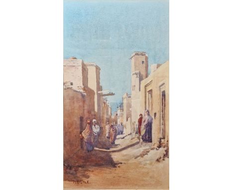M. E. Gayle Watercolour drawing Eastern scene of figures in a town, signed lower left, 37cm x 21cm, framed and glazed H. Anle