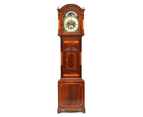 A mahogany longcase clock, domed hood, the dial with Roman numerals to the silvered chapter ring and outer Arabic minutes, su