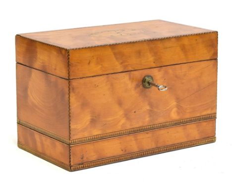 A 19th century satinwood tea caddy, cross banded with central marquetry inlay, with secret side drawer, 27cm wide, 15cm deep,