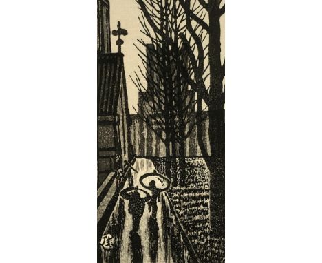 Gihachiro Okuyama (1907-1981), 'Rainy Day', Japanese woodblock print, 22x10.5cm; together with one other woodblock print of M