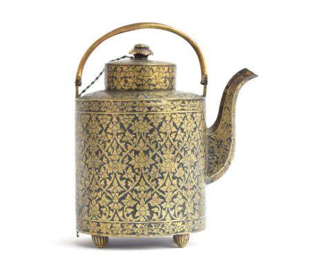 A 19th century c.1860 Thai niello gilded silver teapot of cylindrical form, with a liner and split hinged loop handle, the ex