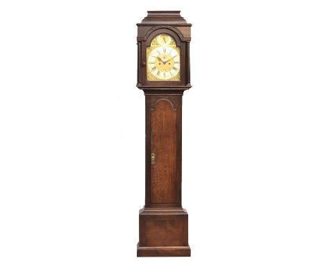 An oak longcase clock, the arched dial with Roman numerals to the sivlered chapter ring, outer Arabic seconds, signed Richard