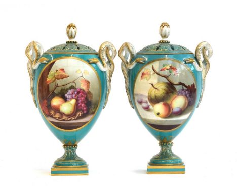 A pair of 19th century Royal Worcester twin handled potpourris, turquoise ground with hand painted panels depicting fruit, th