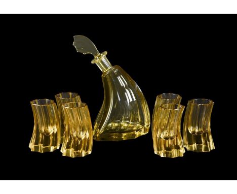 A Moser amber glass 'Annagelb' spirit set, mid 20th century in Art Deco style, the wave form decanter with similar stopper, 2