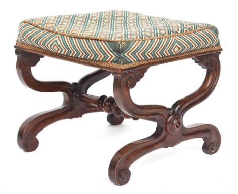 An Italian cross frame footstool, upholstered seat, with bobbin turned stretcher, 50cm wide, 47cm deep, 45cm high 