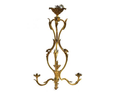 A French gilt brass three arm ceiling light of scrolling foliate form, 74cm high 
