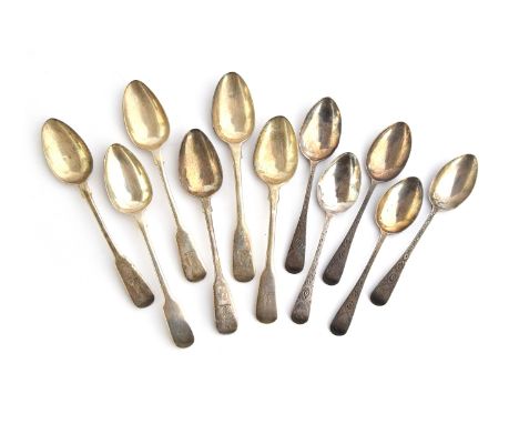 A mixed set of six George III silver teaspoons, c.1791-3; together with a set of five bright cut Victorian teaspoons by Harri