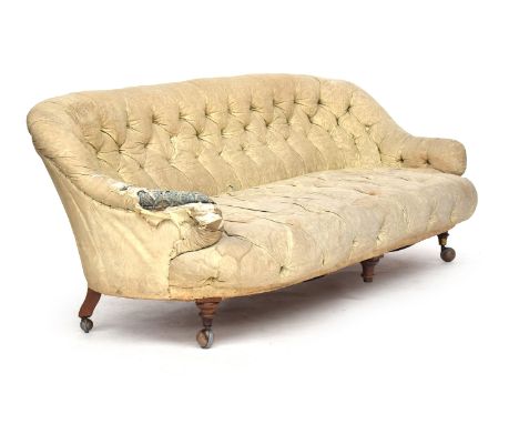 A Victorian button back sofa, probably Howard & Sons, on turned legs and Cope & Collinson brass caps, casters replaced, appro