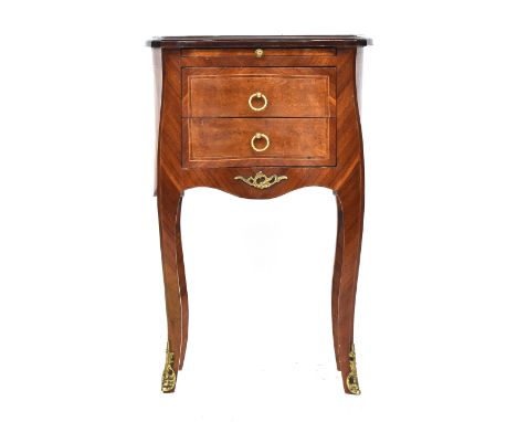 A French style burr walnut petite commode, of recent manufacture, with slide over two drawers, the faceted cabriole legs with