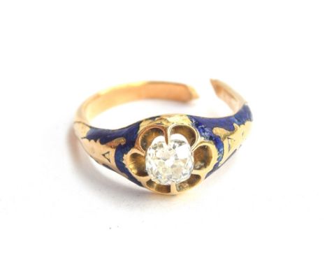 A Victorian gold, diamond and blue enamel ring, tests as 18ct or higher, the claw set diamond approx. 0.7ct, loss to enamel a