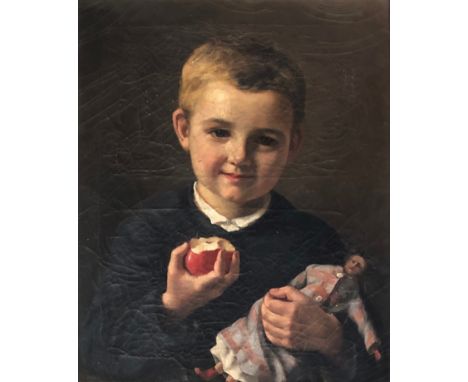 19th century oil on canvas, portrait of a boy holding an apple and a doll, dated 1878 upper left with artists monogram MKP, 4