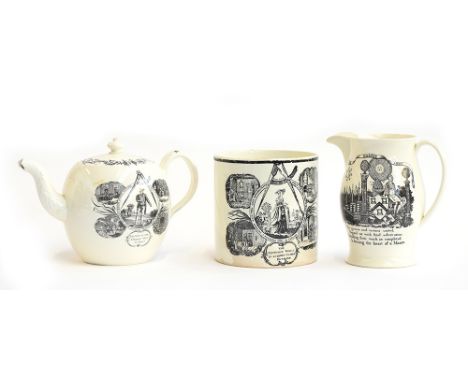 A late 18th/early 19th century Masonic creamware teapot, jug and mug, all printed in black: The jug depicting Masonic iconogr