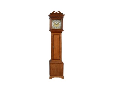 A George III oak eight day longcase clock, the five pillar bell striking movement with 12 inch square brass dial with subsidi