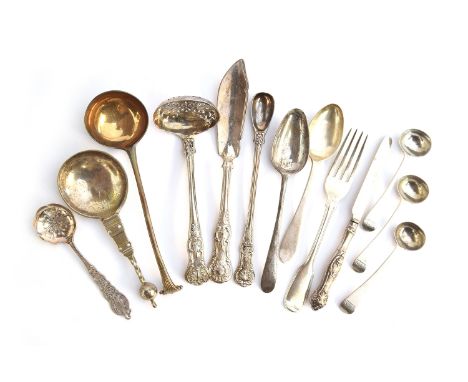 A good mixed lot of silver flatware, to include a Georgian Irish silver sauce ladle, a Victorian sugar sifter by John James W