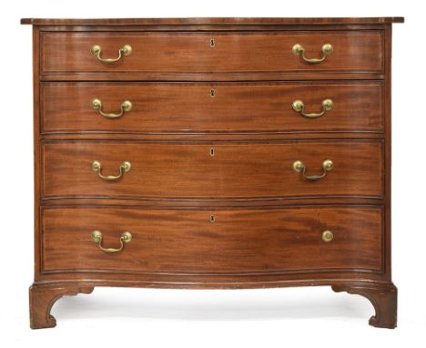A George III mahogany serpentine chest of drawers, comprising four graduating line inlaid and crossbanded drawers, on bracket