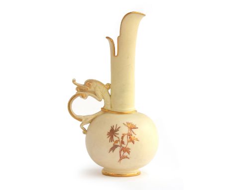 An early 20th century Royal Worcester blush ivory Persian style ewer with dragon handle, heightened in gilt with chrysanthemu