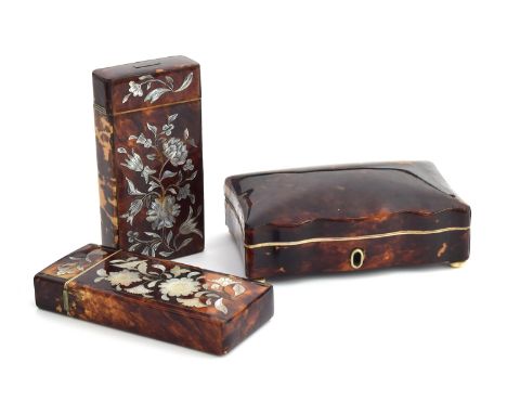 Two 19th century tortoiseshell sewing companions, or etuis, both inlaid with floral mother of pearl decoration, 12.5cm and 13