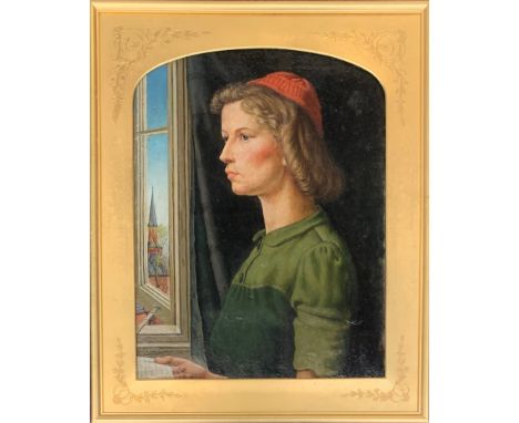 20th century oil on board, portrait of woman in an orange hat, signed 'CW Oliver' and dated 1949, gilt domed inset, 37x29cm