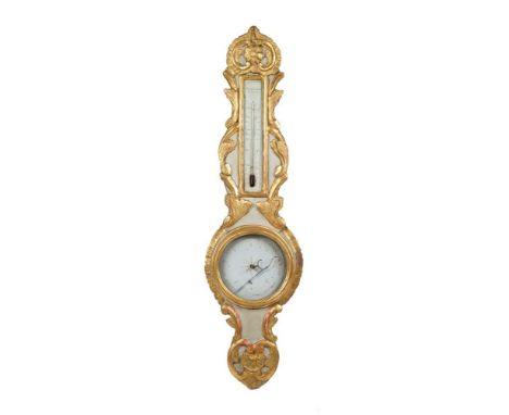 A French giltwood and painted carometer, with painted thermometer register and dial, 98cm high 
