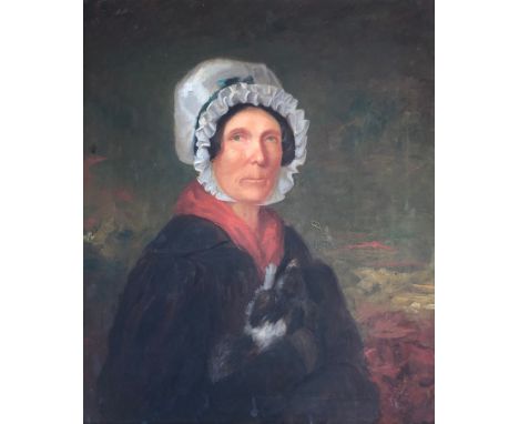 19th century English school, half length portrait of a lady in a white bonnet, oil on canvas, 73.5x61cm 