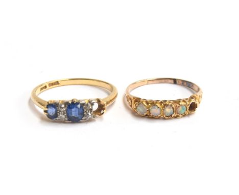 An 18ct gold sapphire and diamond ring, one stone missing, size R, approx 3.1g; together with a gold and opal five stone ring