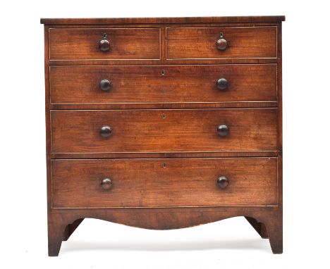 An early 19th century mahogany chest of two short over three graduating drawers, on bracket feet, 107cm wide, 49cm deep, 105c