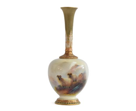 An early 20th century Royal Worcester vase, hand painted by E Barker with sheep in a highland landscape, repaired, shape numb