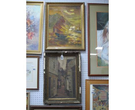 An Early XX Century School, yard study with distant figures and gas lamp, oil on canvas 42 x 27cm, study of a Junk boat, circ