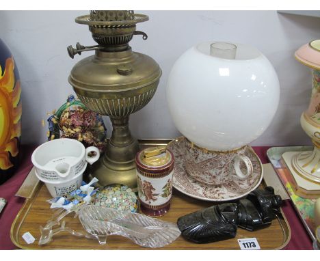Brass Oil Lamp, Collibri Lighter, Breakfast Cup and Saucer, etc:- One Tray