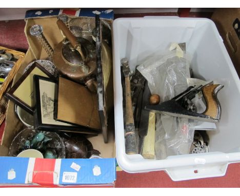 Woodworkers Plane, other tools, copper kettle, mincer, prints, etc:- Two Boxes