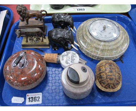 Mineral Desk Stand, as a curling ball, similar barometer and lighter, Lion De Waterloo model, etc:- One Tray