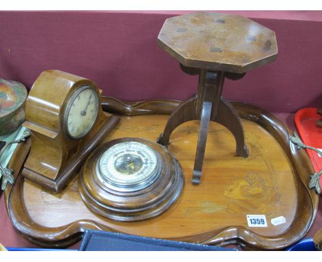 Art Nouveau Inlaid Walnut Tray, with gilt metal handles, Edwardian mantle clock, apprentice piece table wall barometer.