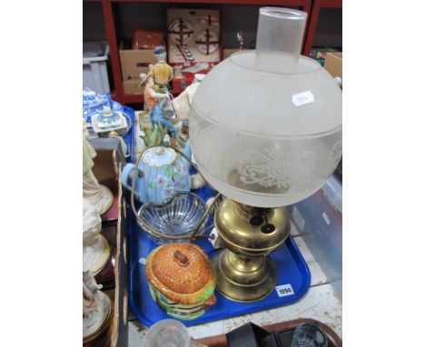 A Pottery Dog, 26cm high, Lingard tea pot, oil lamp, etc:- One Tray