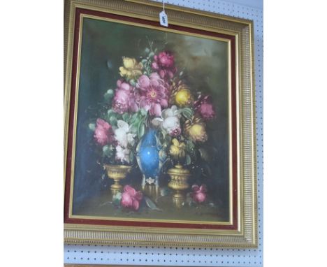 R. Hunther, Still Life of Flowers, with urns in foreground, oil on canvas, 59.5 x 49.5cm.