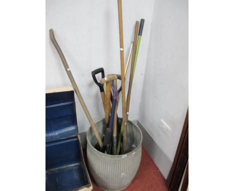 Garden Tools, in galvanized tub.