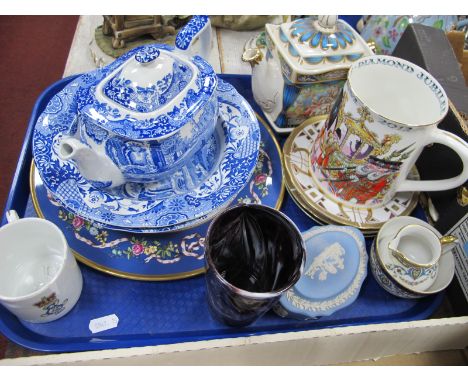 Copeland 'Italian' Spode Teapot and Two Soup Plates, 'Ribbons and Roses' cake plate, Sadler teapot, slag glass half pint beak