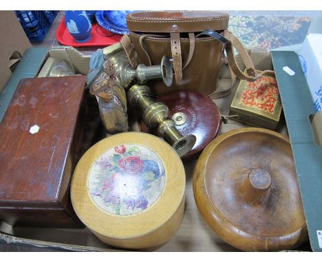 Chesterman Tape, Aquilus binoculars, brass candlesticks, XIX Century tea caddy, etc.